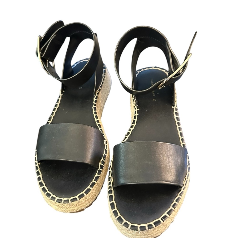 Zara Size 40/8.5 Women's Espadrille, Black Leather Wedge Heeled Sandal